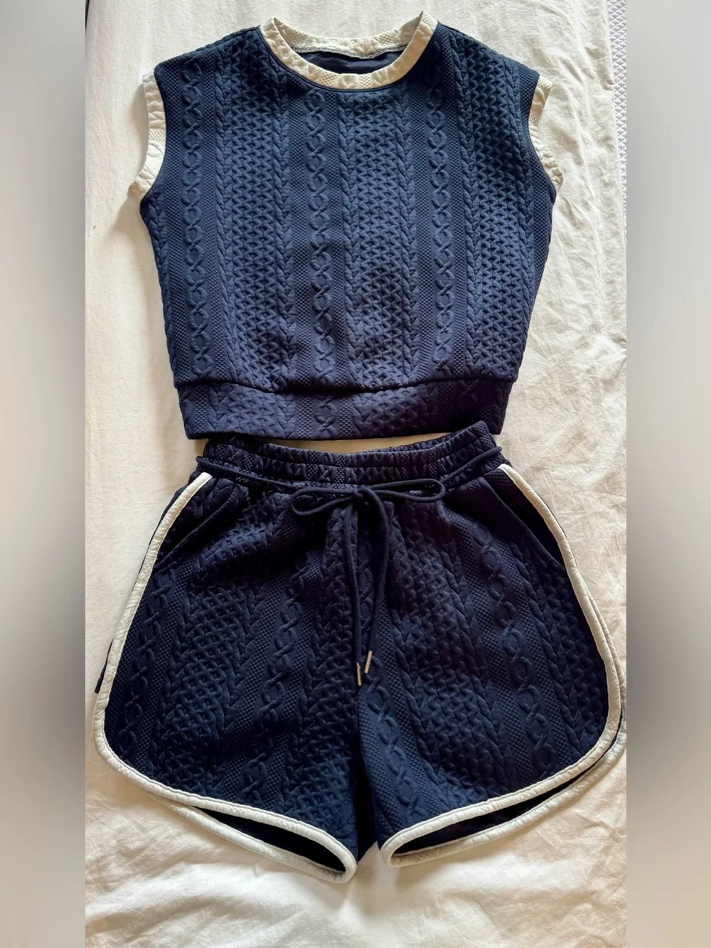 Matching Set Navy Cable-Knit Shorts and Tank White Trim Similar to Varley